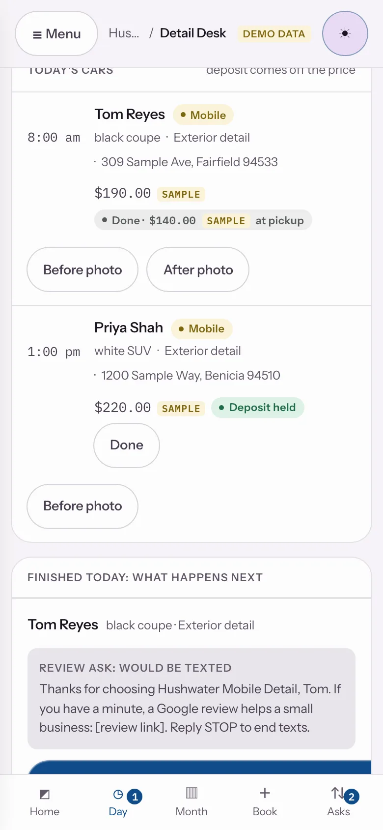 Sample data: the Detail Desk sample app at step 01, The day