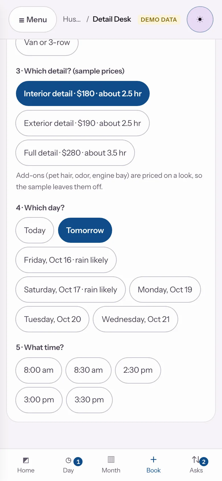 Sample data: the Detail Desk sample app at step 03, Size, service, an open time
