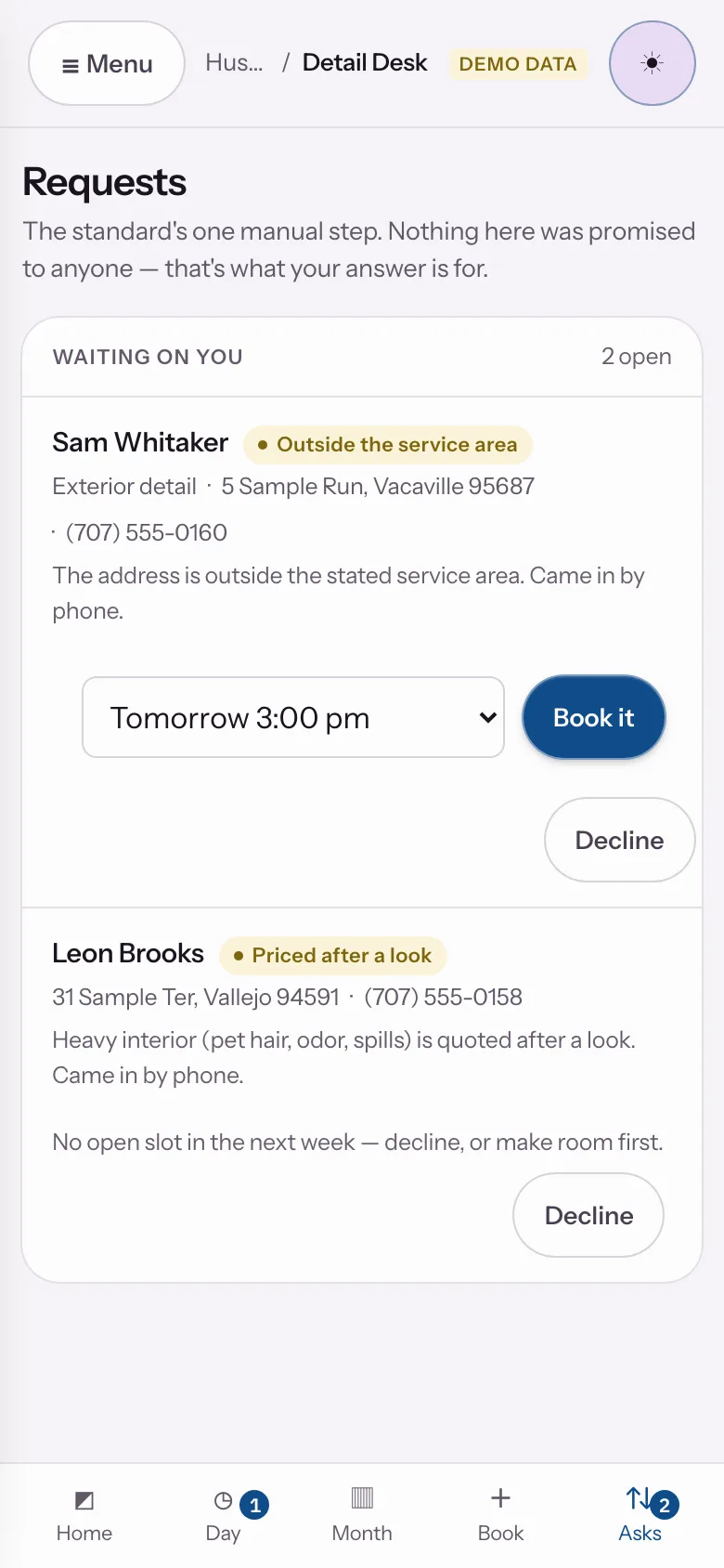 Sample data: the Detail Desk sample app at step 04, A job priced on a look