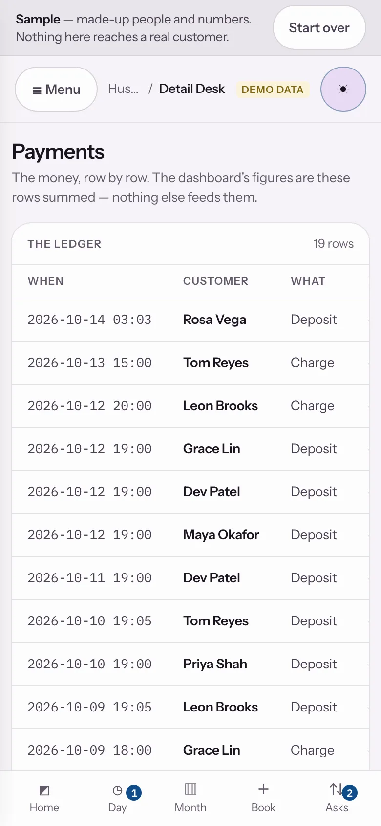Sample data: the Detail Desk sample app at step 08, Paid at the car