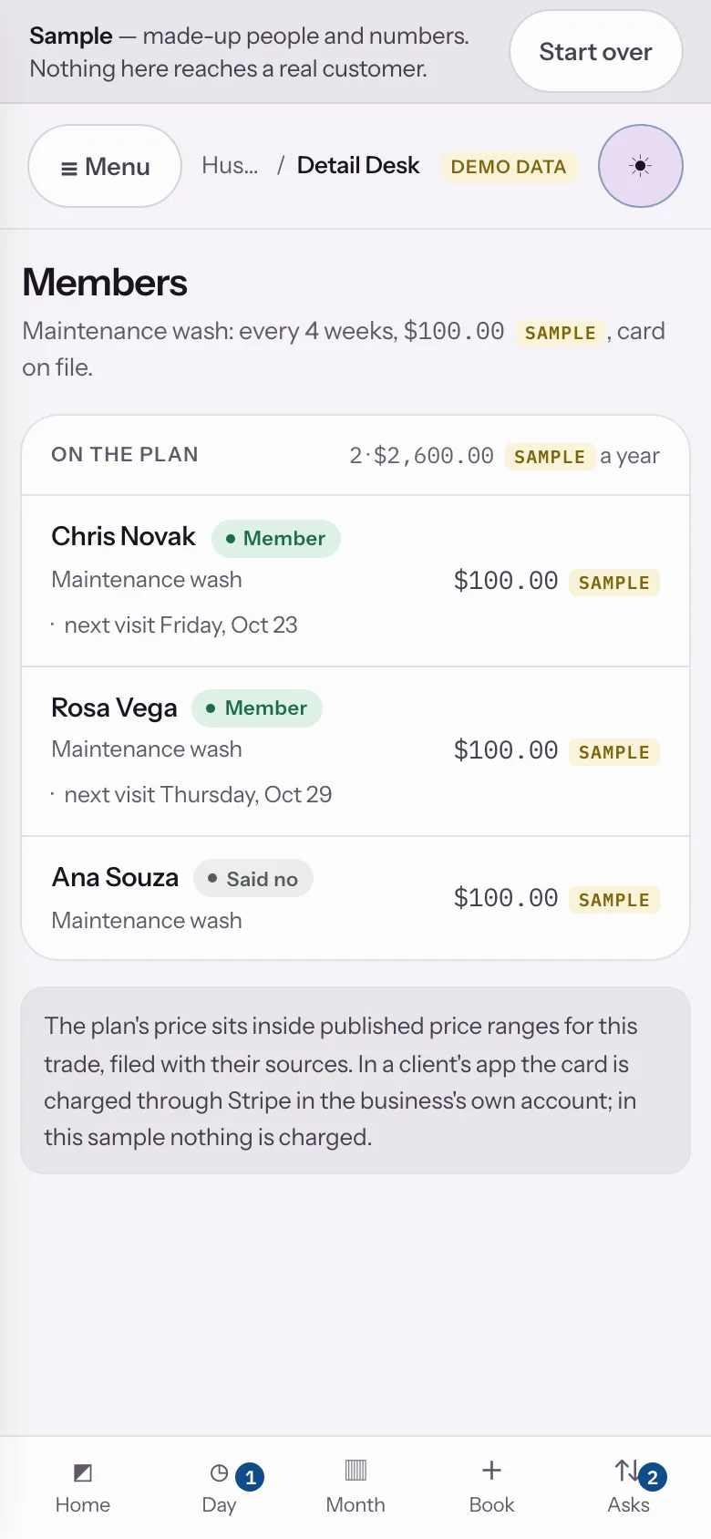 Sample data: the Detail Desk sample app at step 10, The maintenance wash