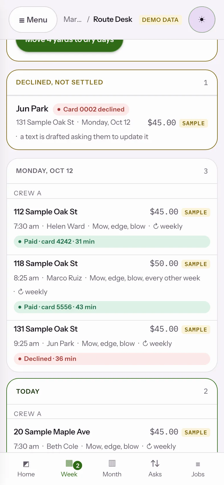 Sample data: the Route Desk sample app at step 01, The week
