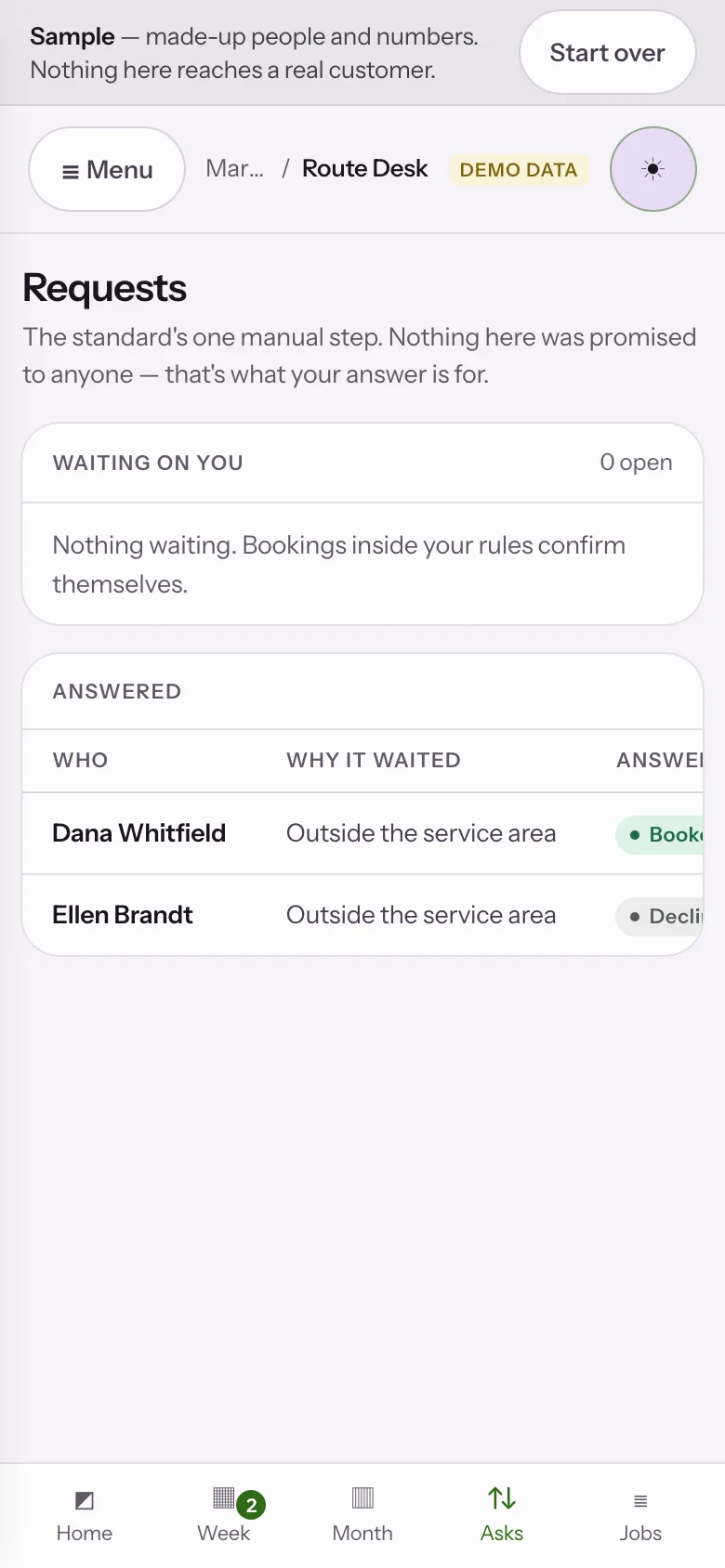 Sample data: the Route Desk sample app at step 02, The missed call, answered