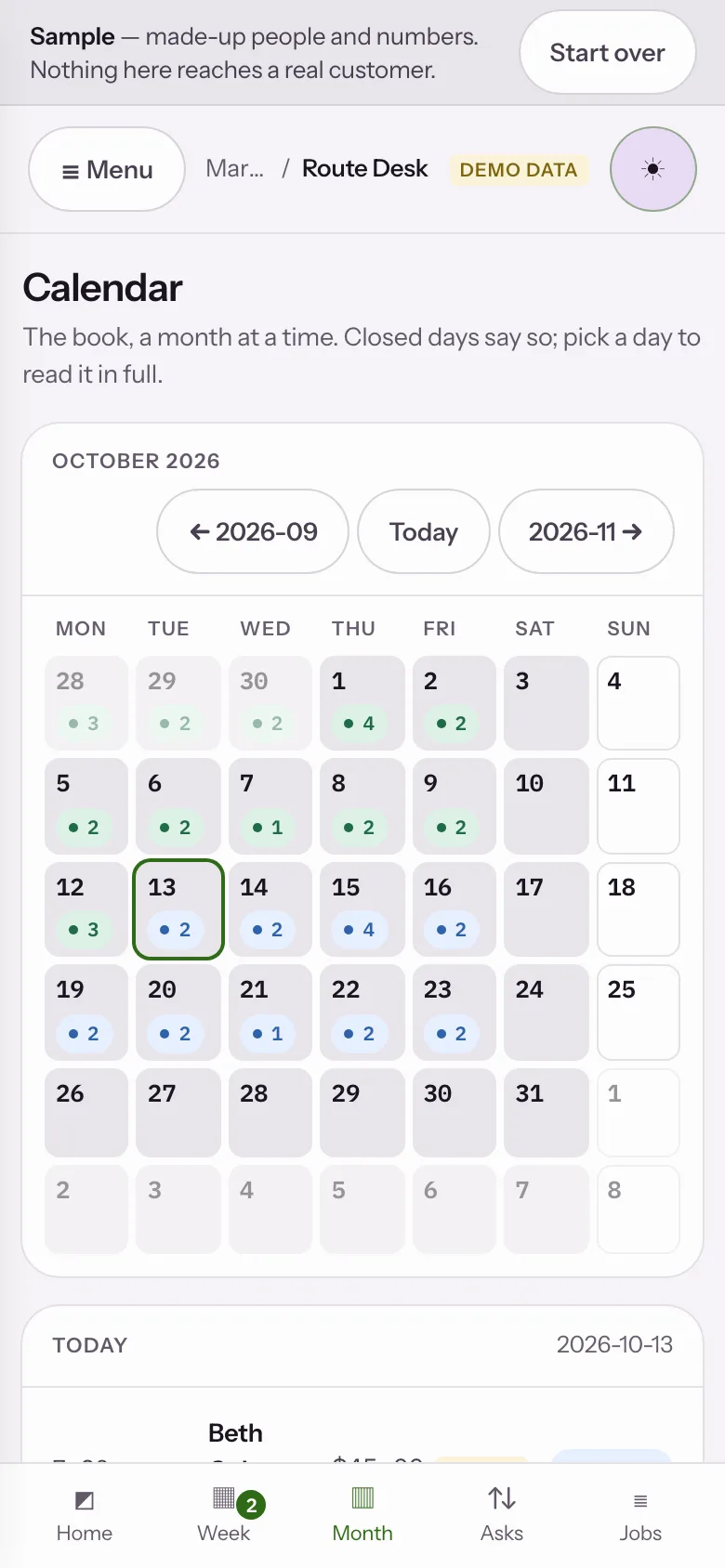 Sample data: the Route Desk sample app at step 03, Confirmed on both sides