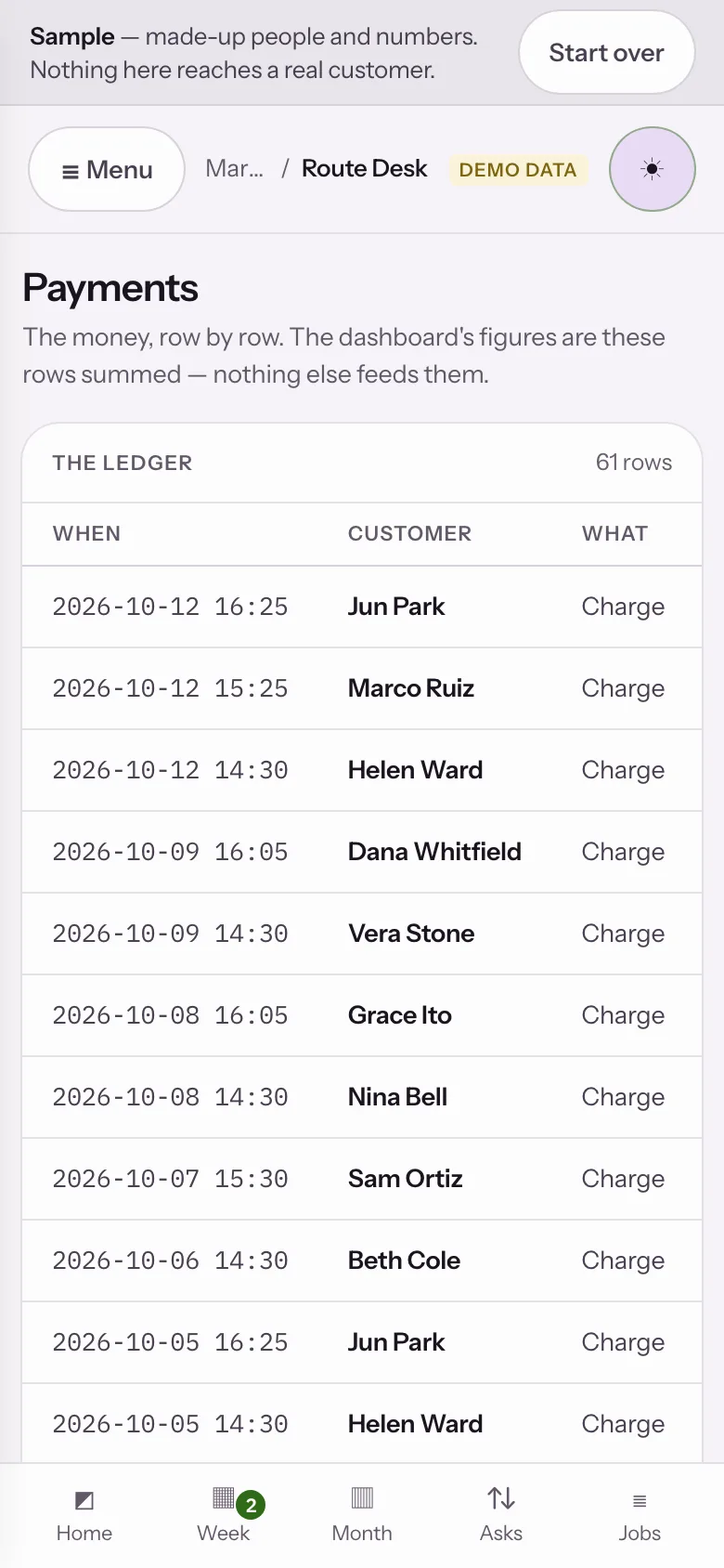 Sample data: the Route Desk sample app at step 05, Approved, deposit paid