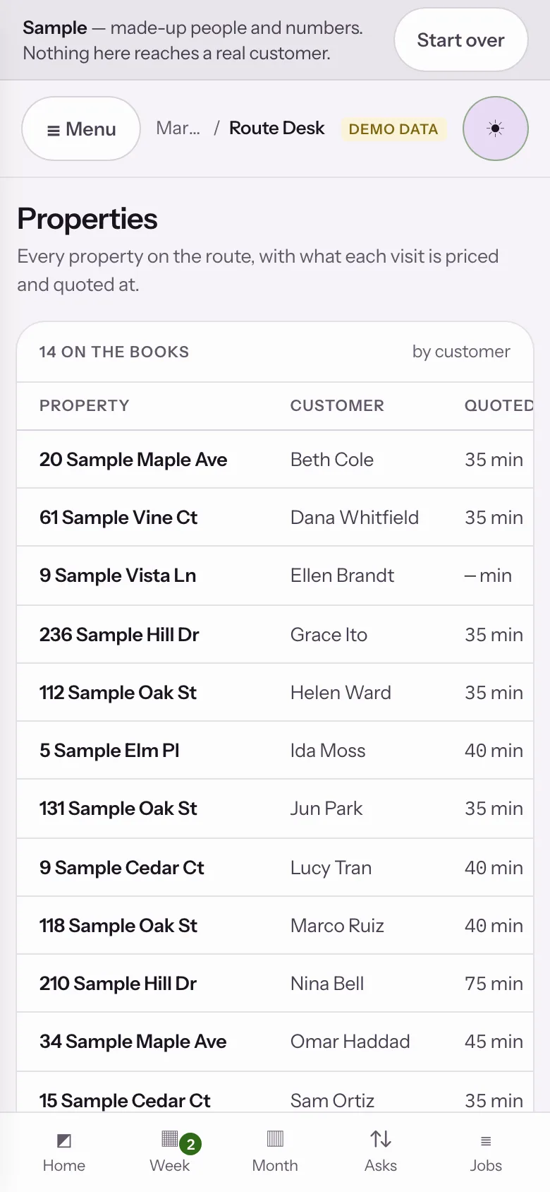 Sample data: the Route Desk sample app at step 06, Onto a plan