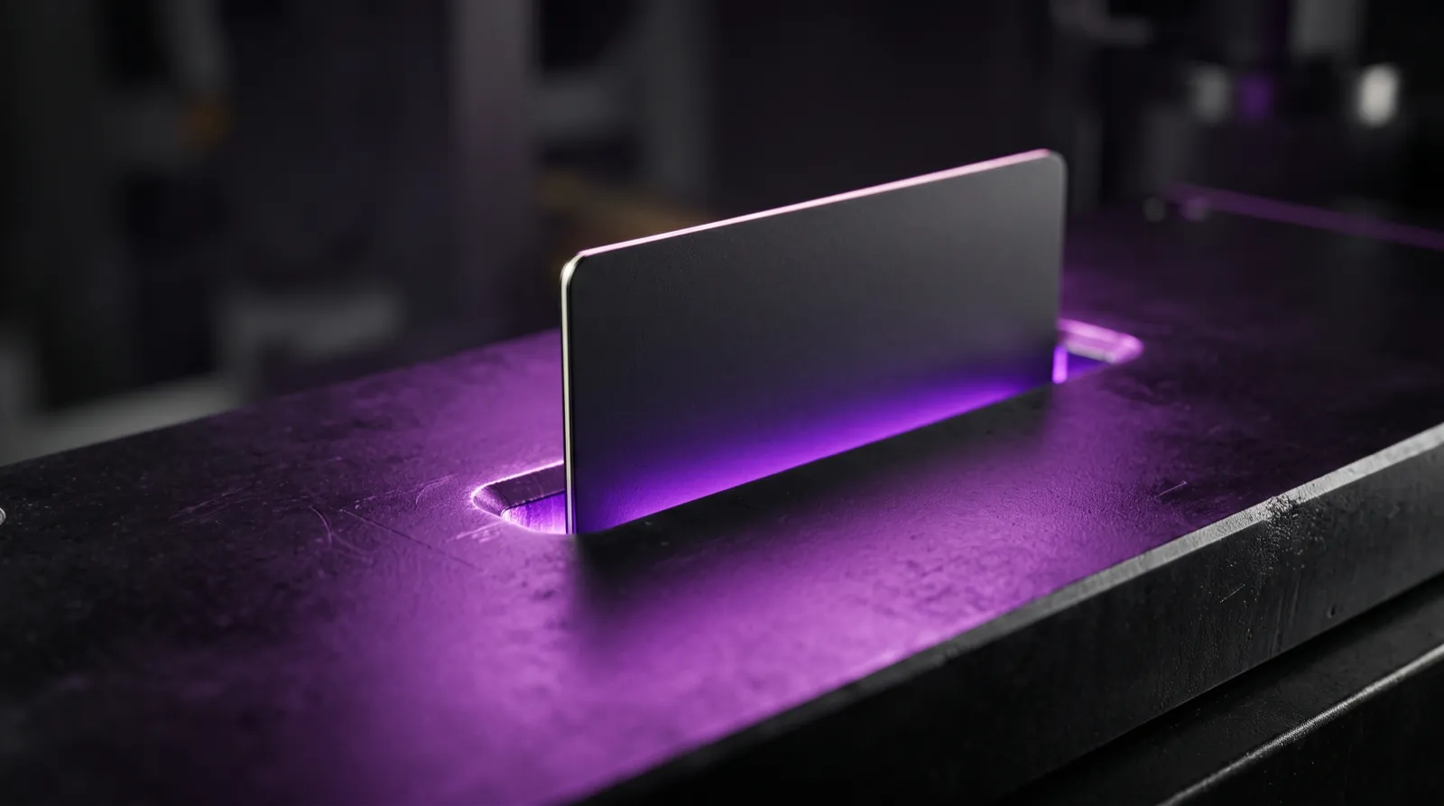 A card seated in a machined slot, violet light spilling out around its edges — the machine is on.
