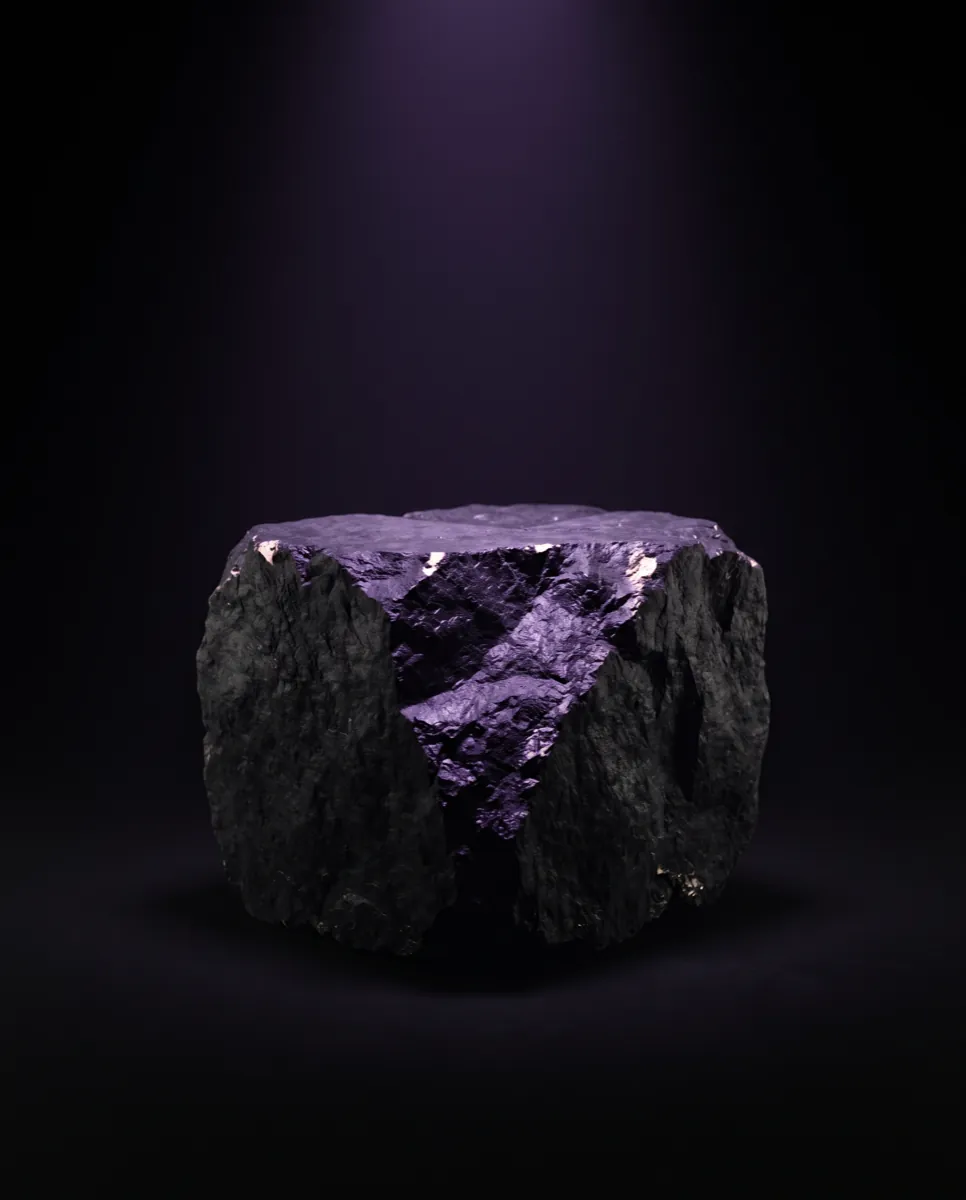 A raw block of dark graphite under a violet pool of light — the work before the work.